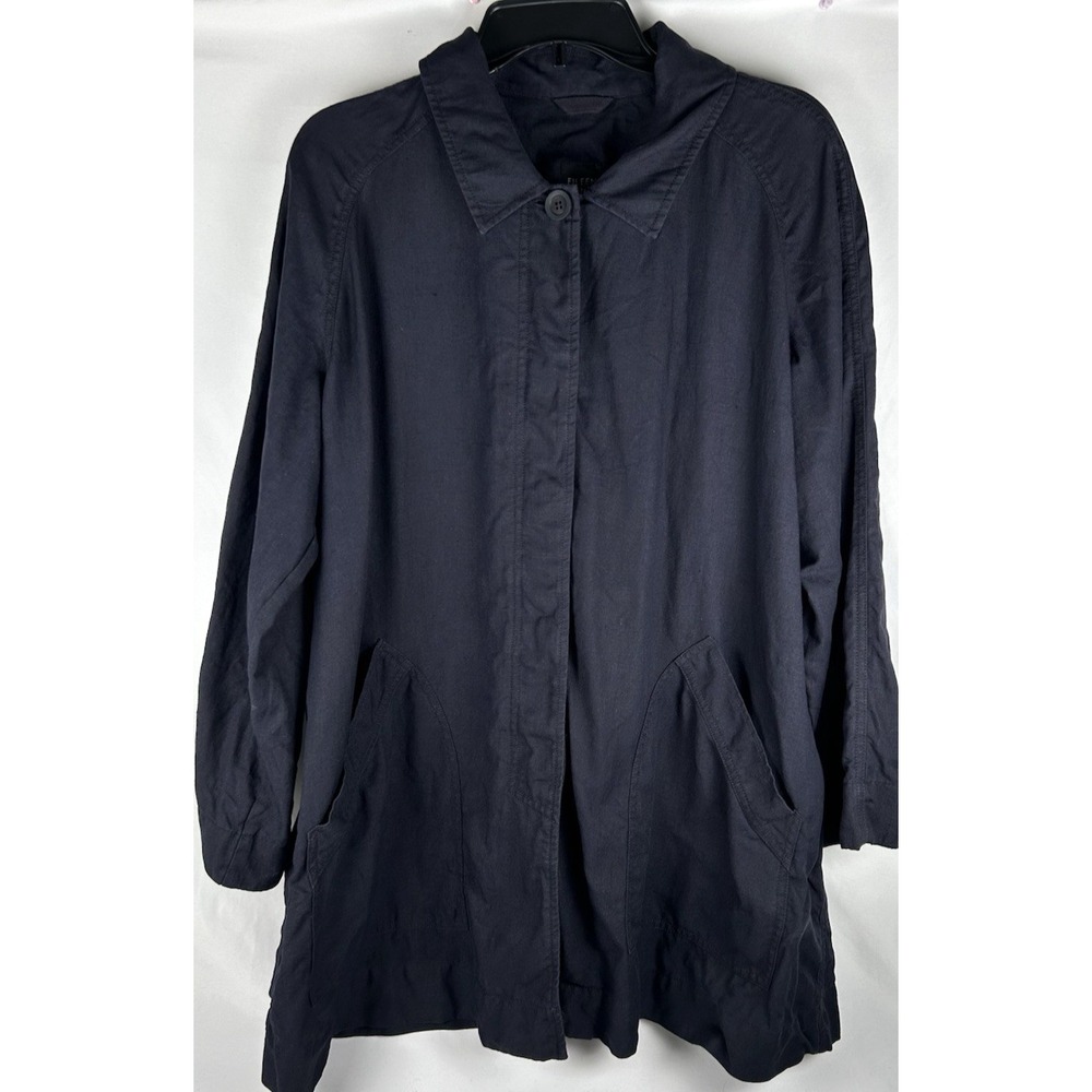 Eileen Fisher Dark Blue 100% Linen Button Jacket Shacket Womens XL Minimalist